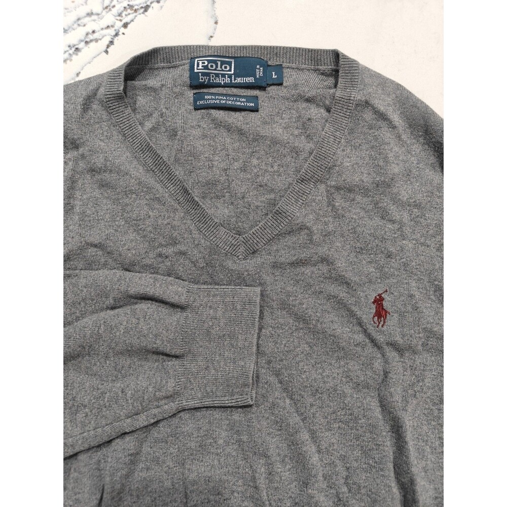 Polo Ralph Lauren V-Neck Sweater Large Grey Pima Cotton Pullover Knit Mens vtg